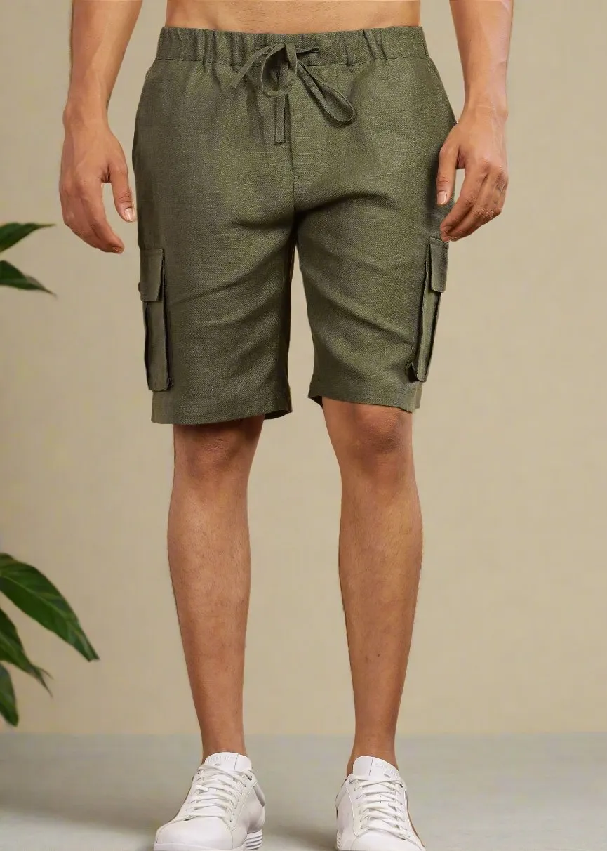 Kin - Linen Cargo Shorts With Square Pocket- Military Green