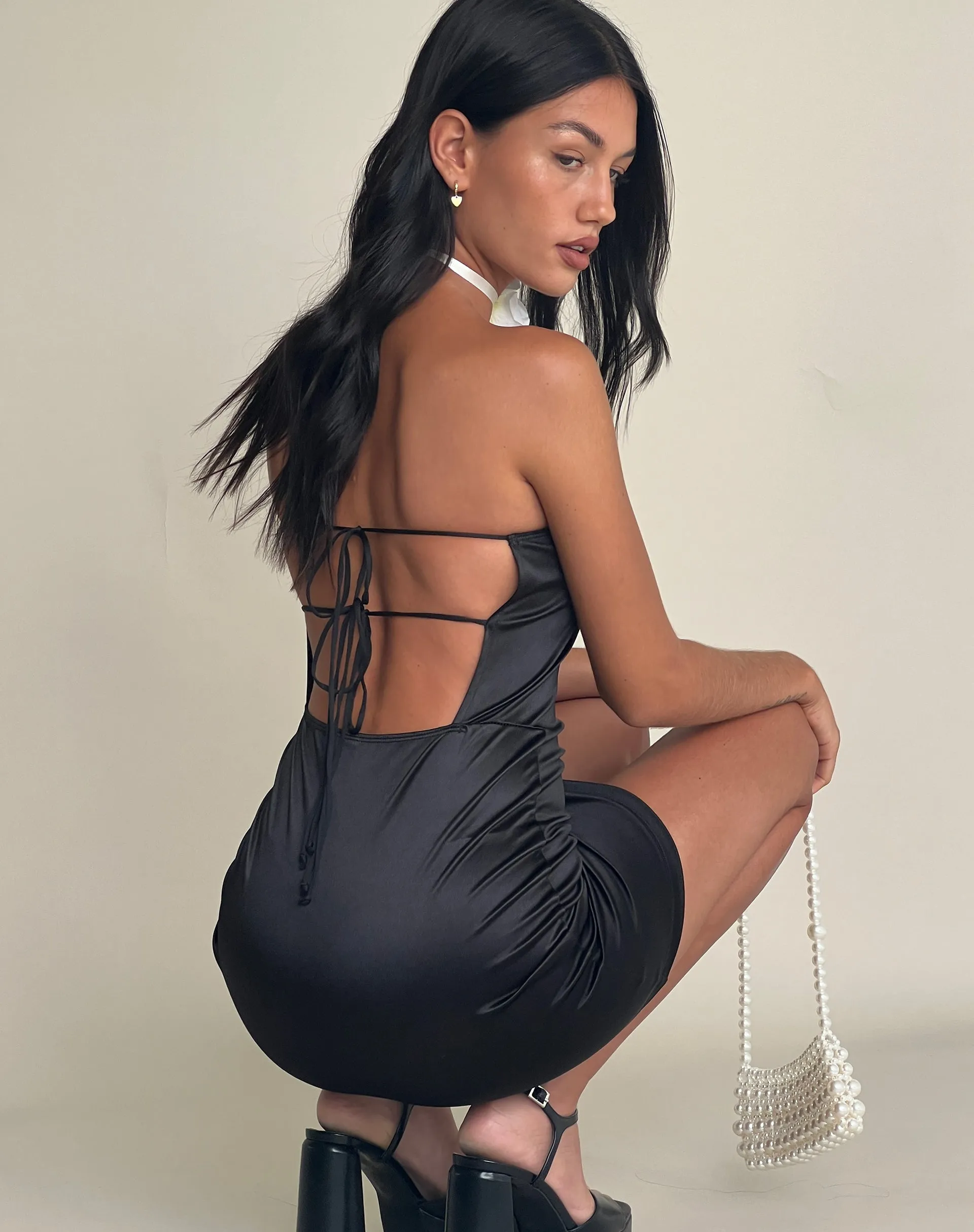 Kozumi Bandeau Mini Dress in Satin Black