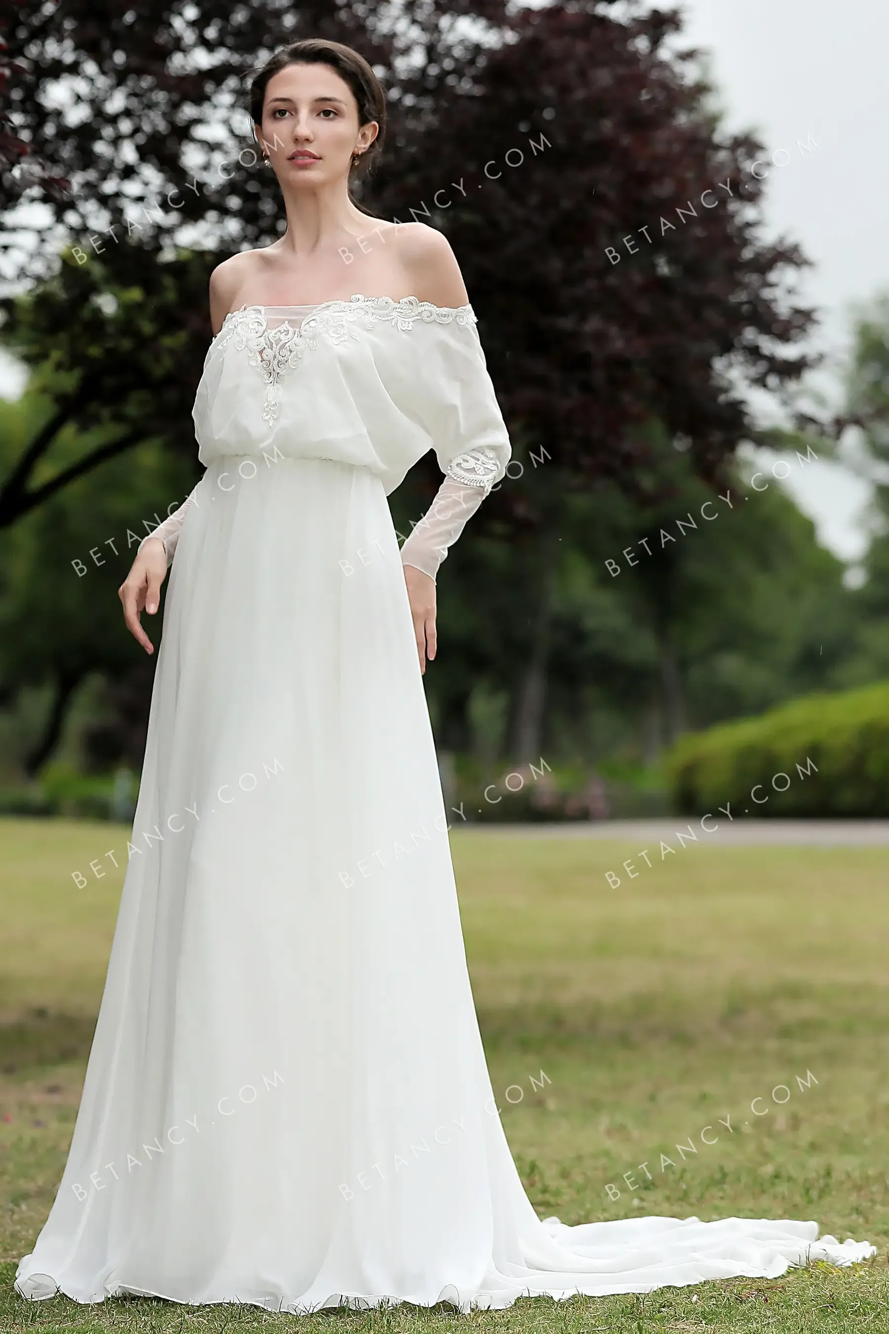 Lace Appliqued Off-shoulder Beach Chiffon Bridal Dress