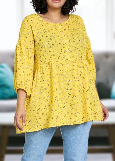 lightweight Button Accent Ditsy Floral Tunic