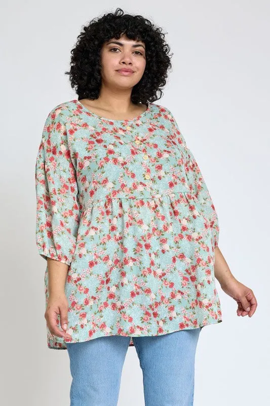 lightweight Button Accent Ditsy Floral Tunic