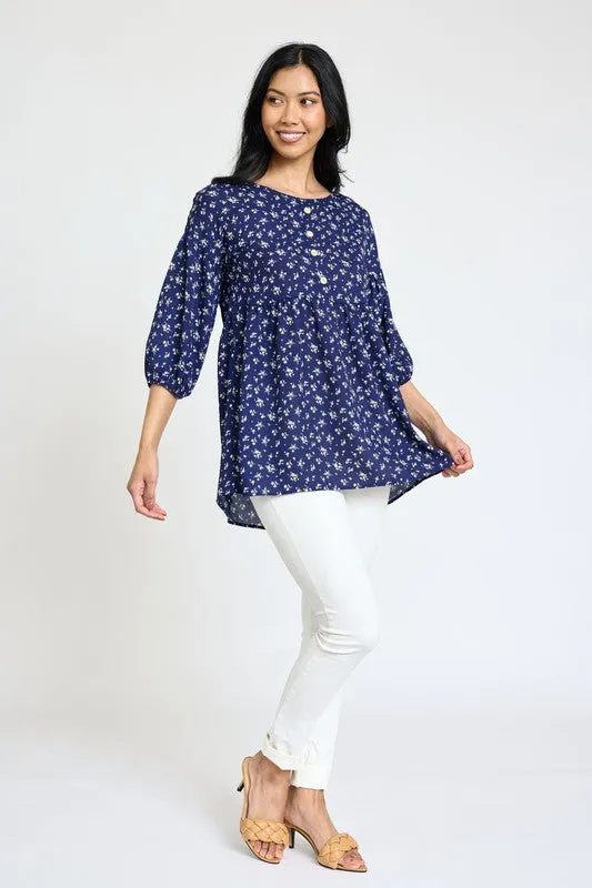 lightweight Button Accent Ditsy Floral Tunic