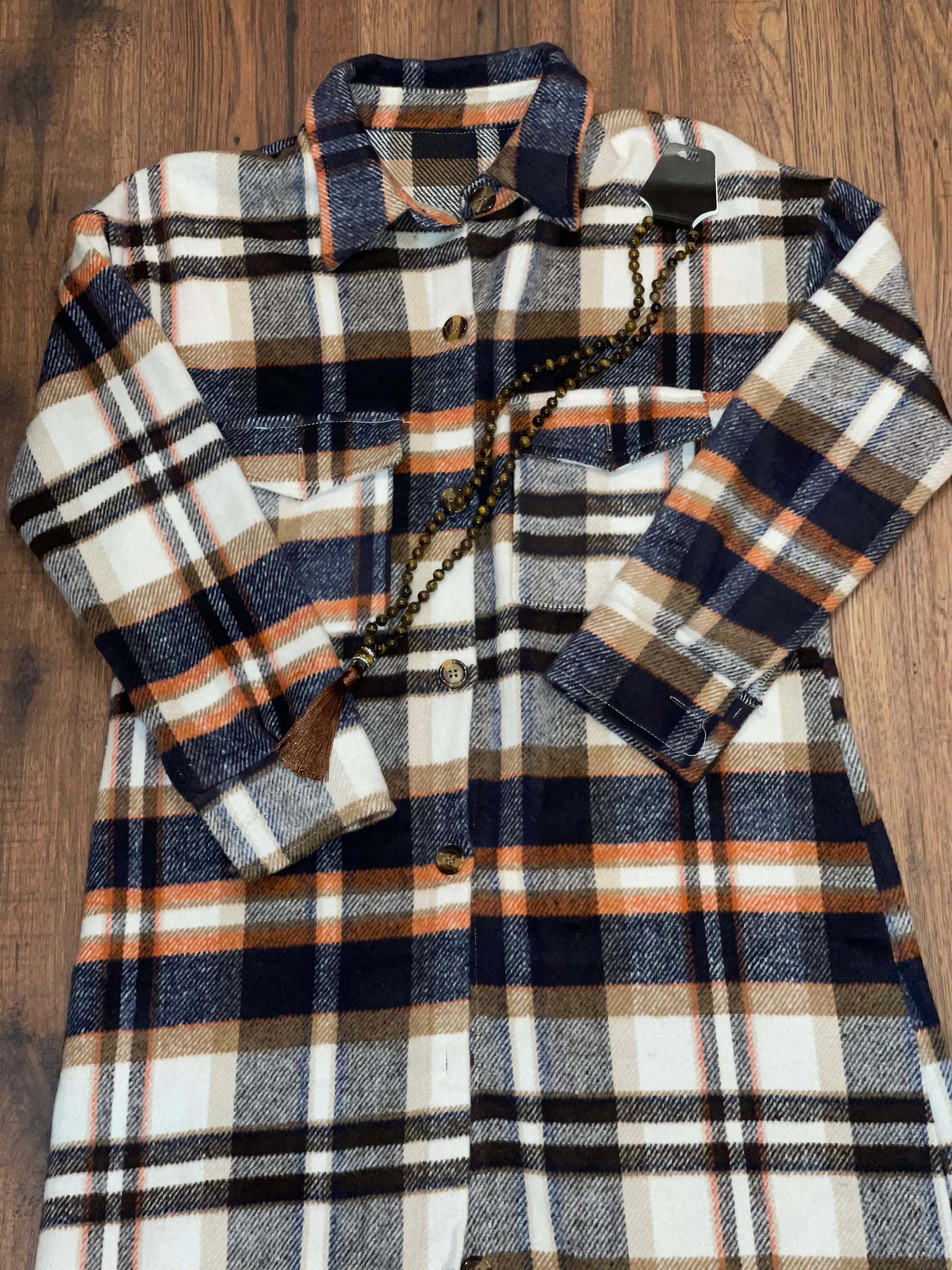 Long Plaid flannel Shackets in Navy, Black, Salmon, Red, Or Orange