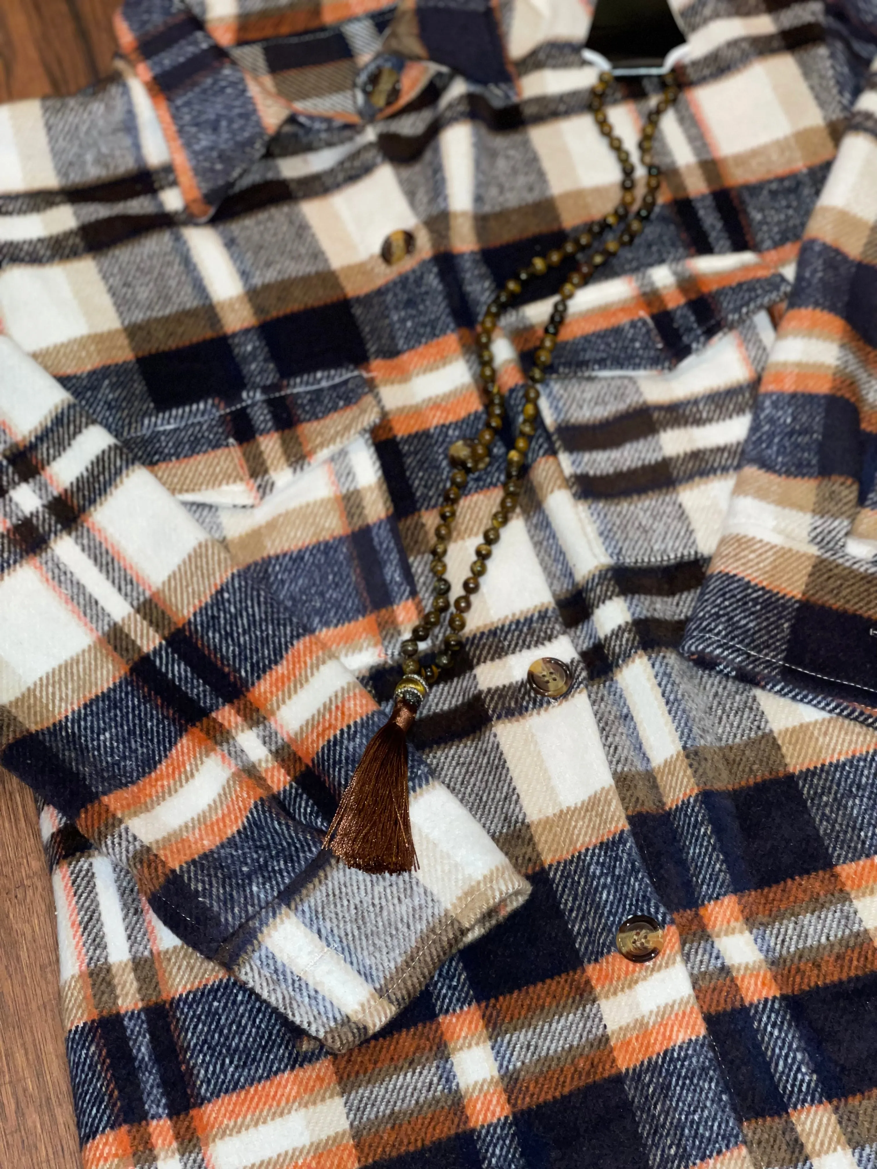 Long Plaid flannel Shackets in Navy, Black, Salmon, Red, Or Orange