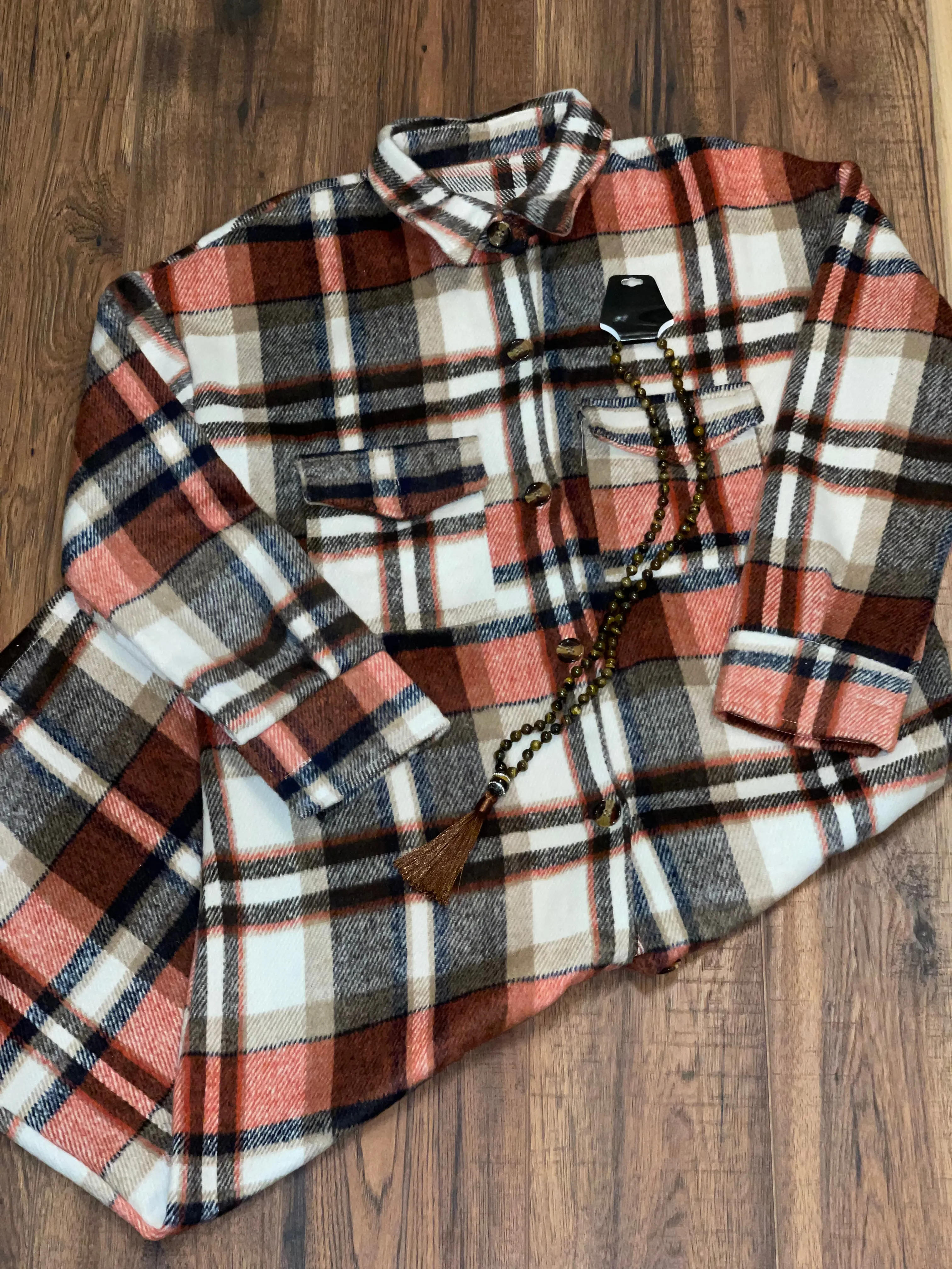 Long Plaid flannel Shackets in Navy, Black, Salmon, Red, Or Orange