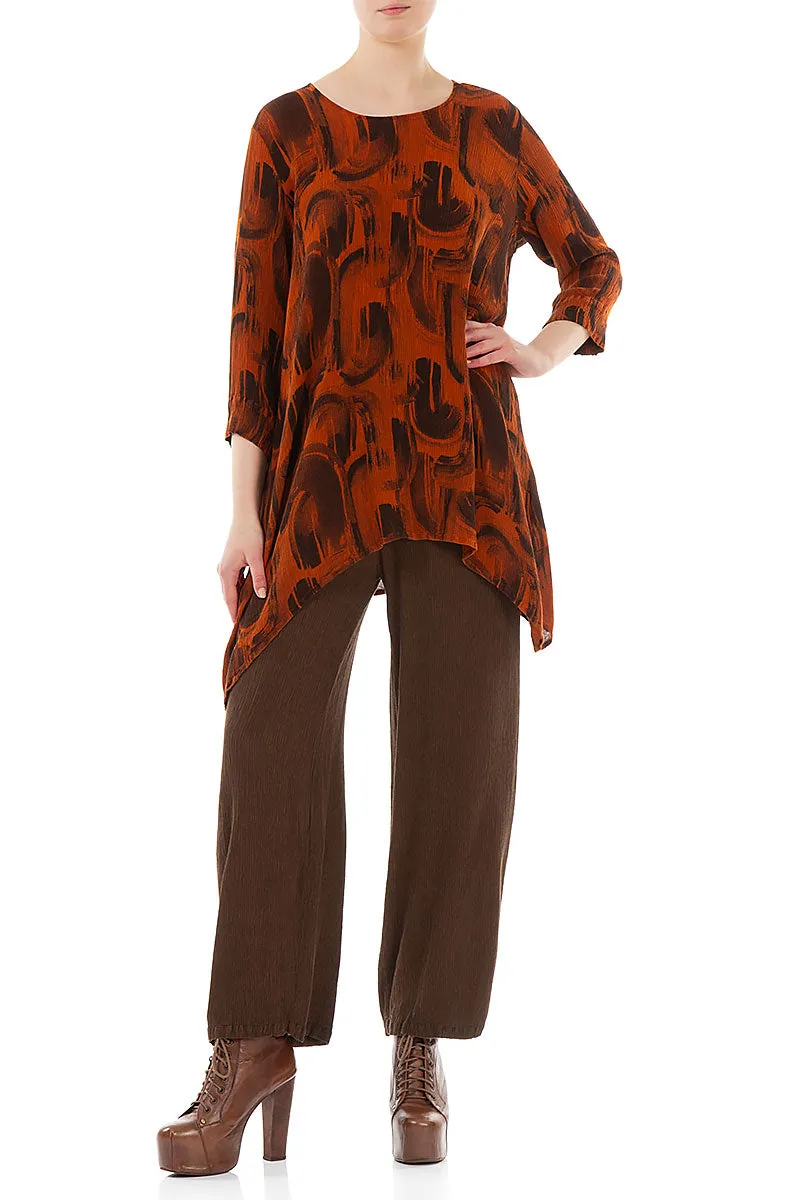 Longer Edge Burnt Orange Paintwave Silk Viscose Tunic