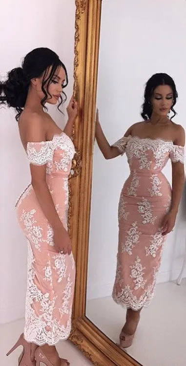 MACloth Off the Shoulder Lace Midi Prom Dress Tea Length Cocktail Dresses