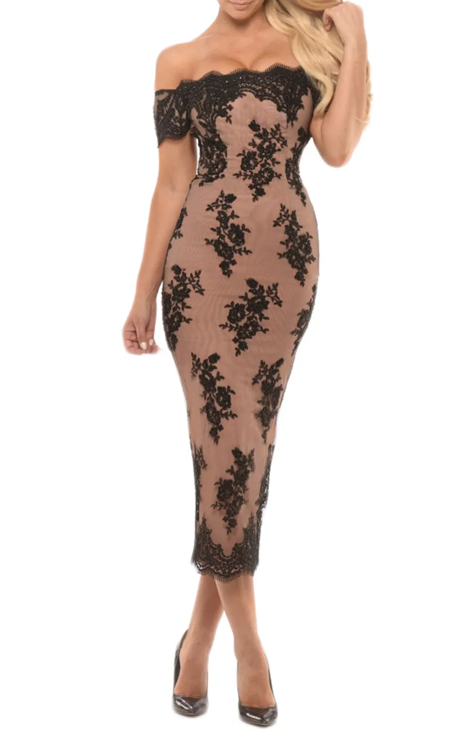 MACloth Off the Shoulder Lace Midi Prom Dress Tea Length Cocktail Dresses