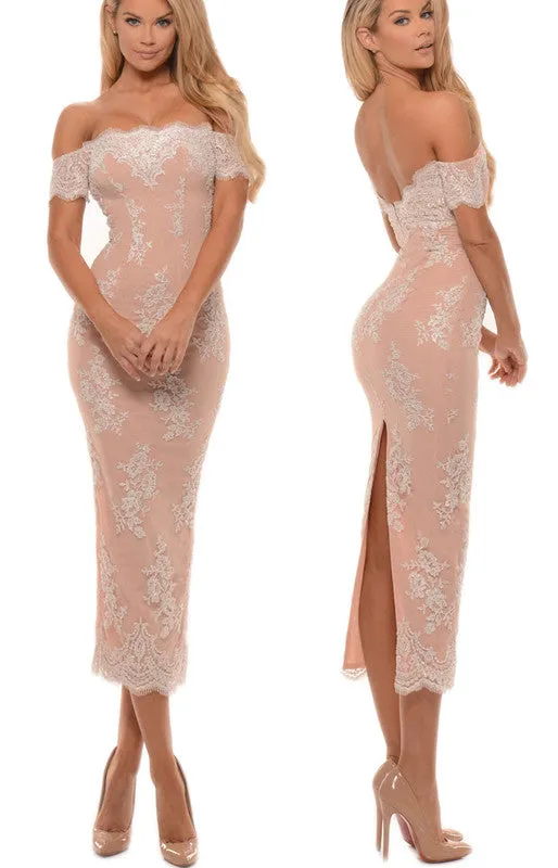 MACloth Off the Shoulder Lace Midi Prom Dress Tea Length Cocktail Dresses