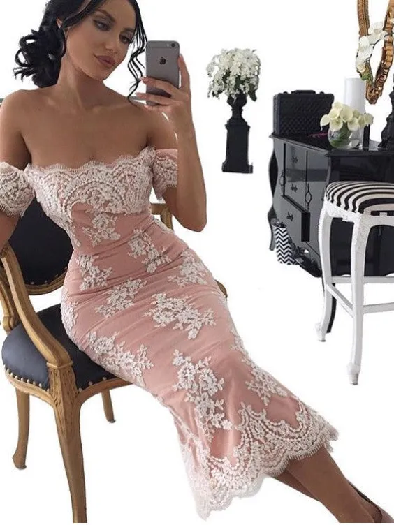 MACloth Off the Shoulder Lace Midi Prom Dress Tea Length Cocktail Dresses