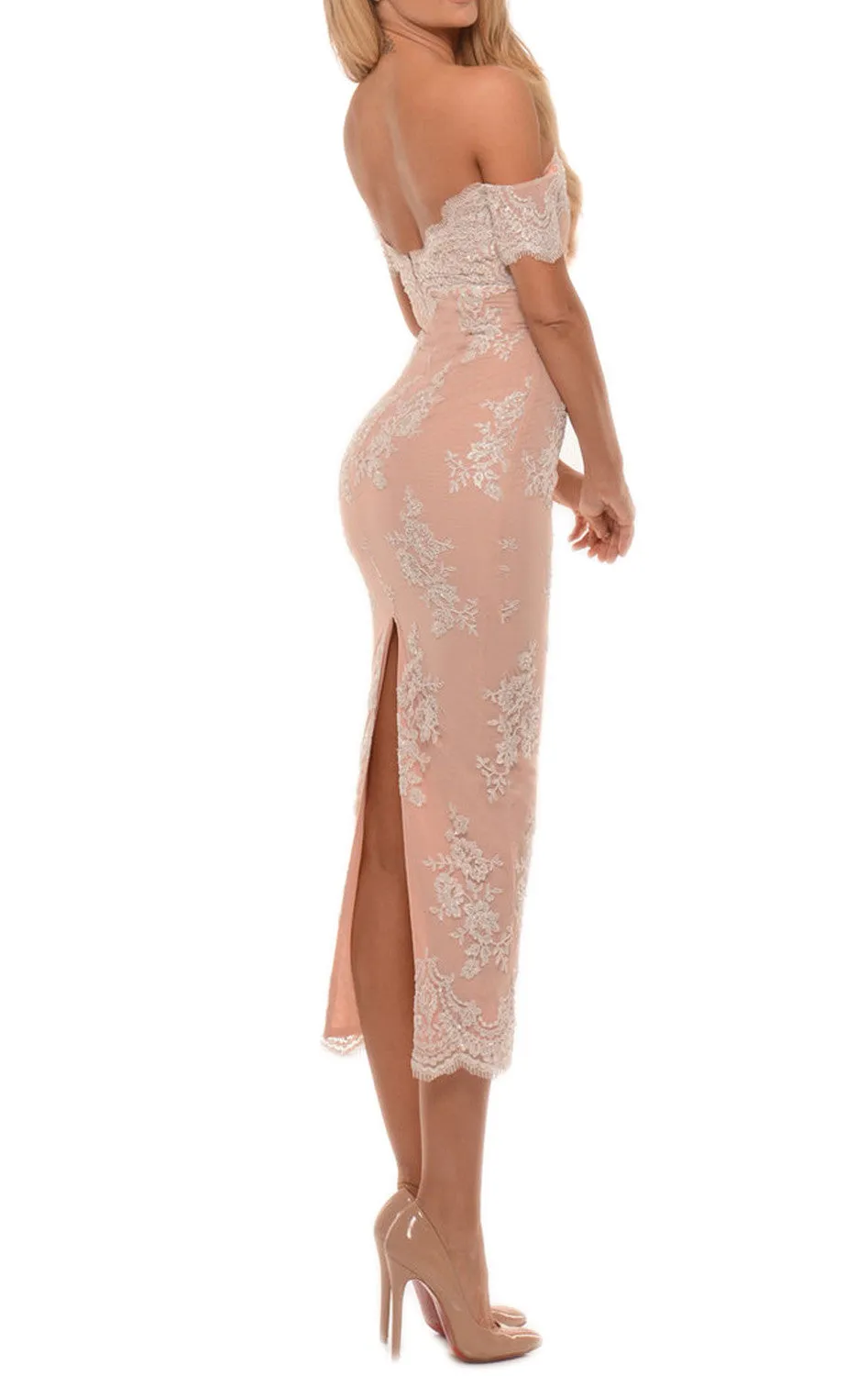 MACloth Off the Shoulder Lace Midi Prom Dress Tea Length Cocktail Dresses