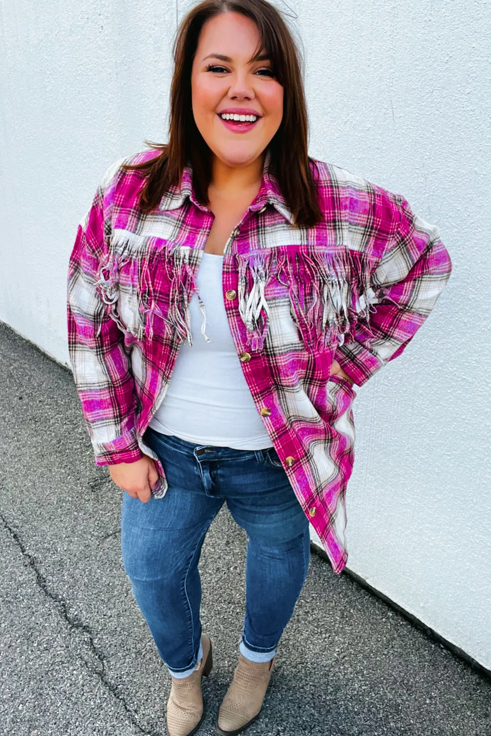 Magenta Plaid Fringe Button Down Shacket