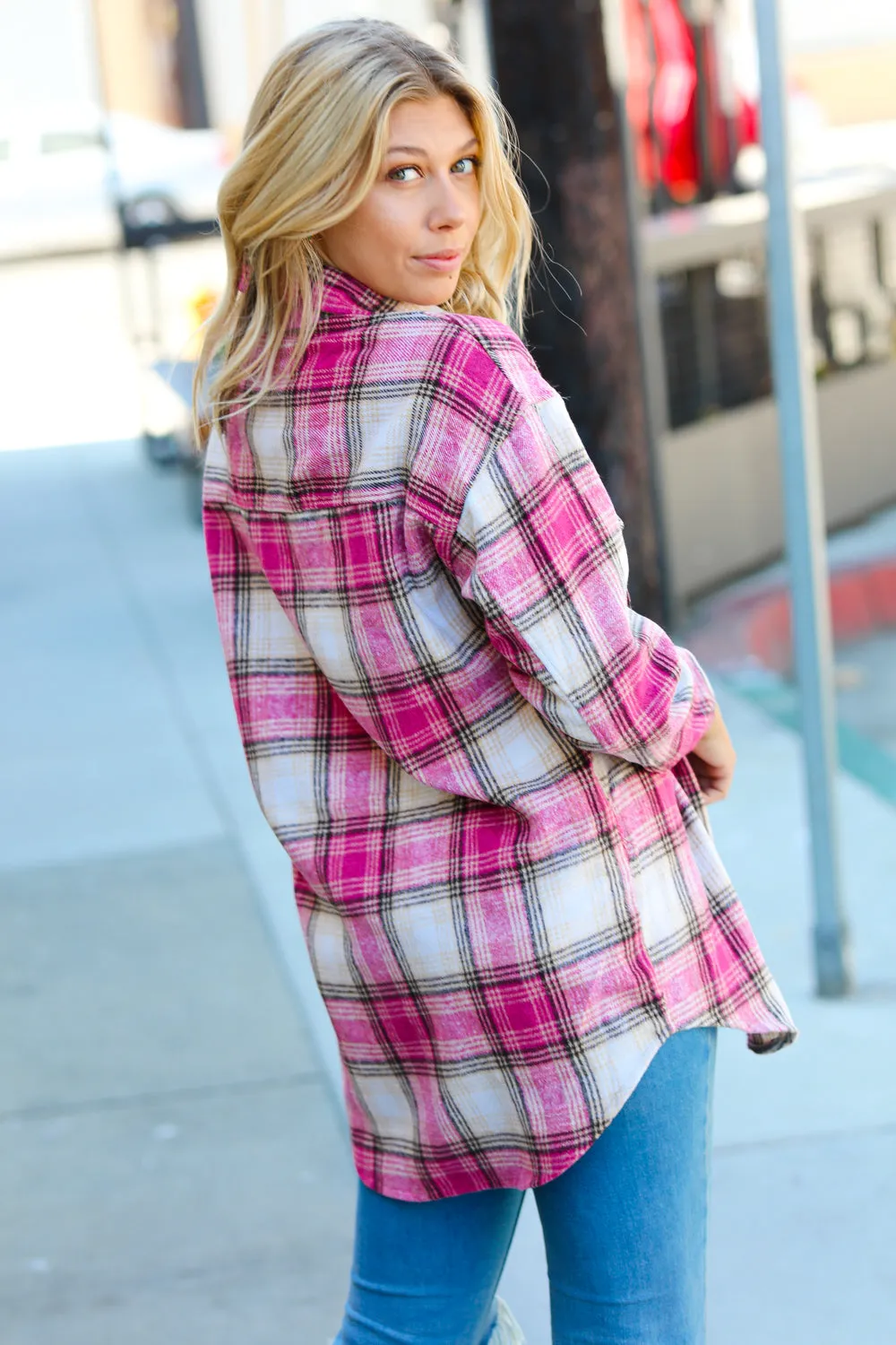 Magenta Plaid Fringe Button Down Shacket