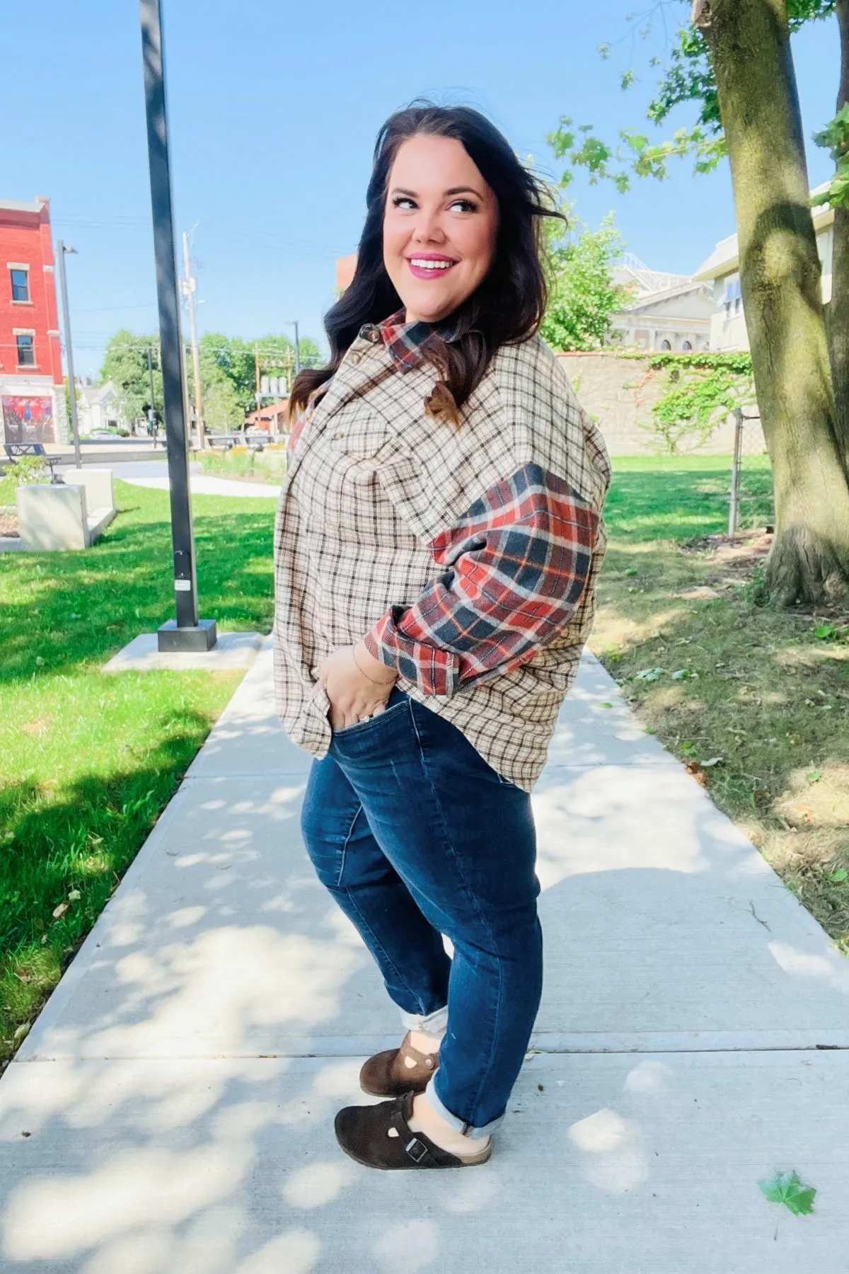 Make A Statement Rust & Taupe Plaid Color Block Shacket