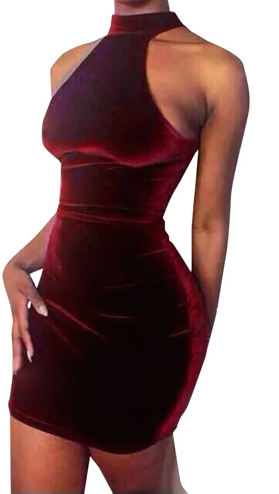 Mandy High Neck Mini Dress in Red Velvet