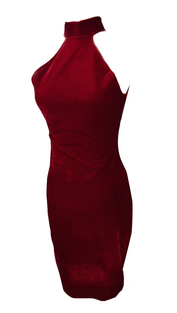 Mandy High Neck Mini Dress in Red Velvet