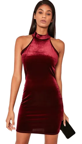 Mandy High Neck Mini Dress in Red Velvet