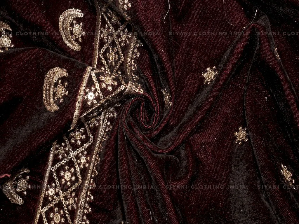 Maroon Border And Gota Embroidered Velvet Fabric