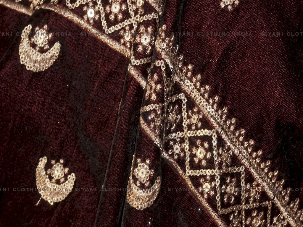 Maroon Border And Gota Embroidered Velvet Fabric