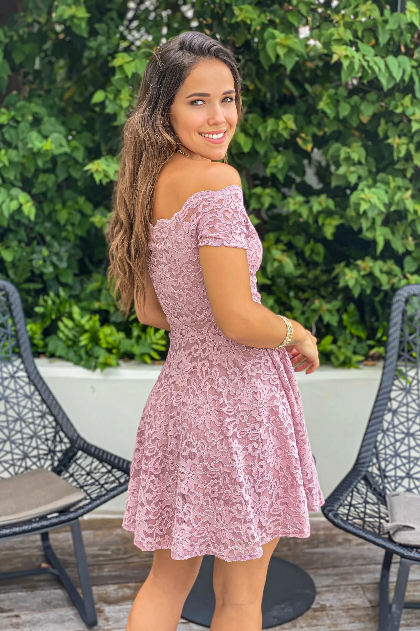 Mauve Off Shoulder Lace Short Dress