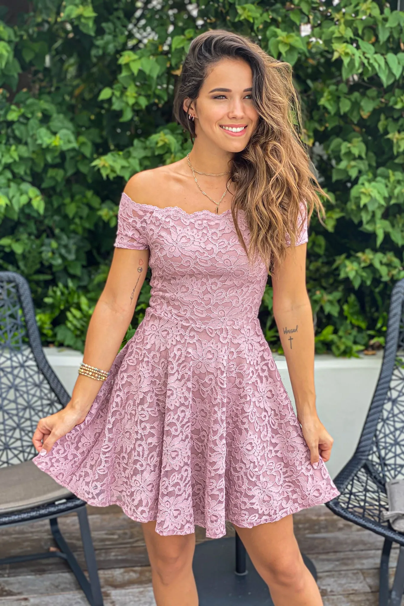 Mauve Off Shoulder Lace Short Dress