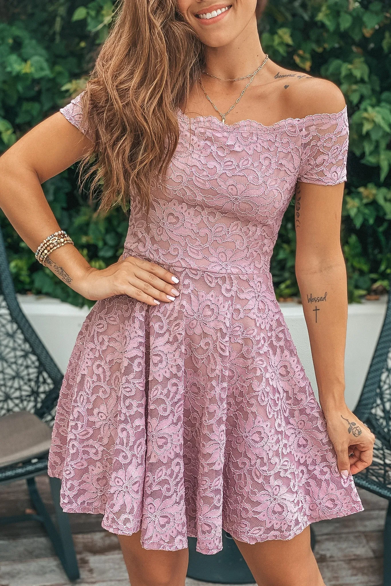 Mauve Off Shoulder Lace Short Dress