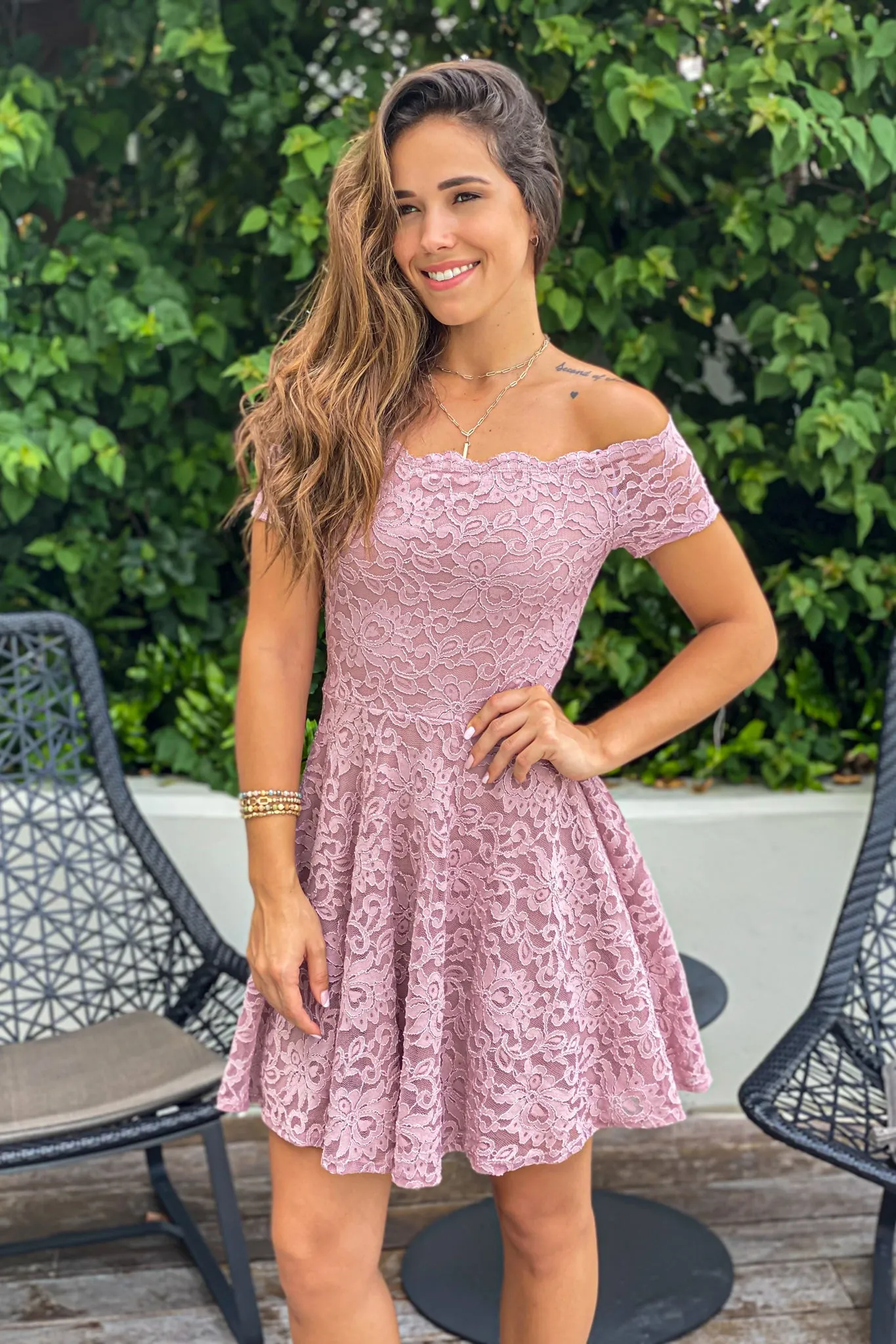 Mauve Off Shoulder Lace Short Dress