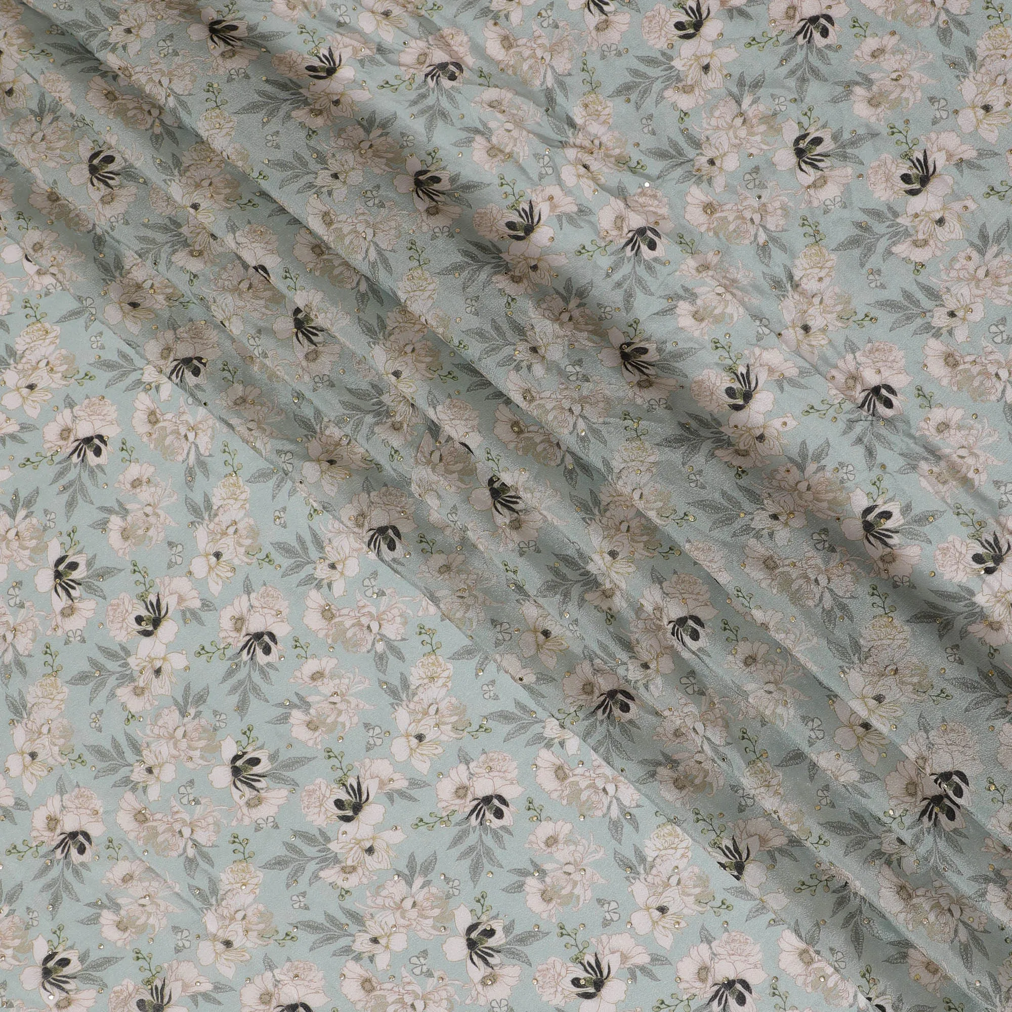 Mint Green and White Floral Synthetic Chinon Fabric with gold foil, 110 cm Width-D19674