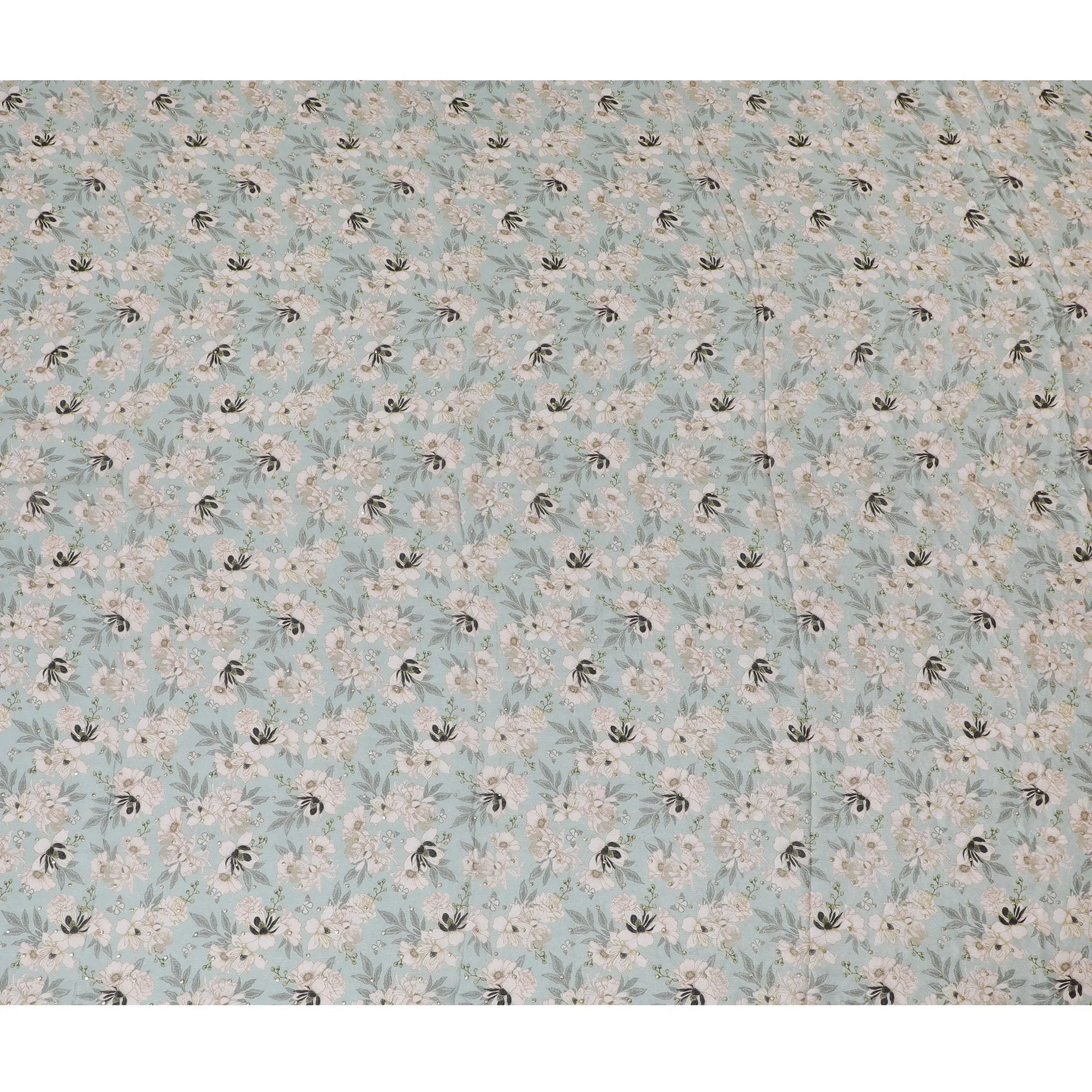 Mint Green and White Floral Synthetic Chinon Fabric with gold foil, 110 cm Width-D19674