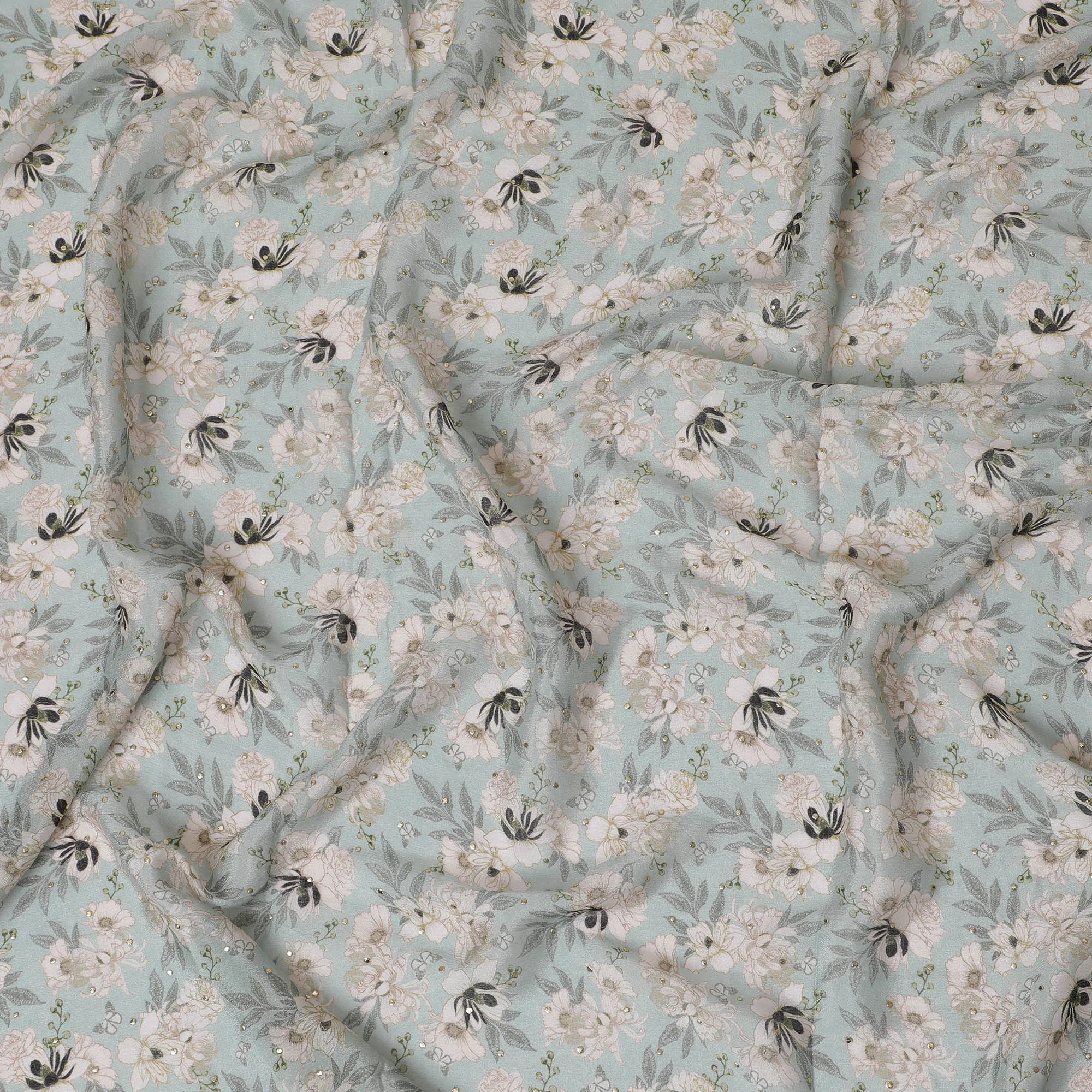 Mint Green and White Floral Synthetic Chinon Fabric with gold foil, 110 cm Width-D19674