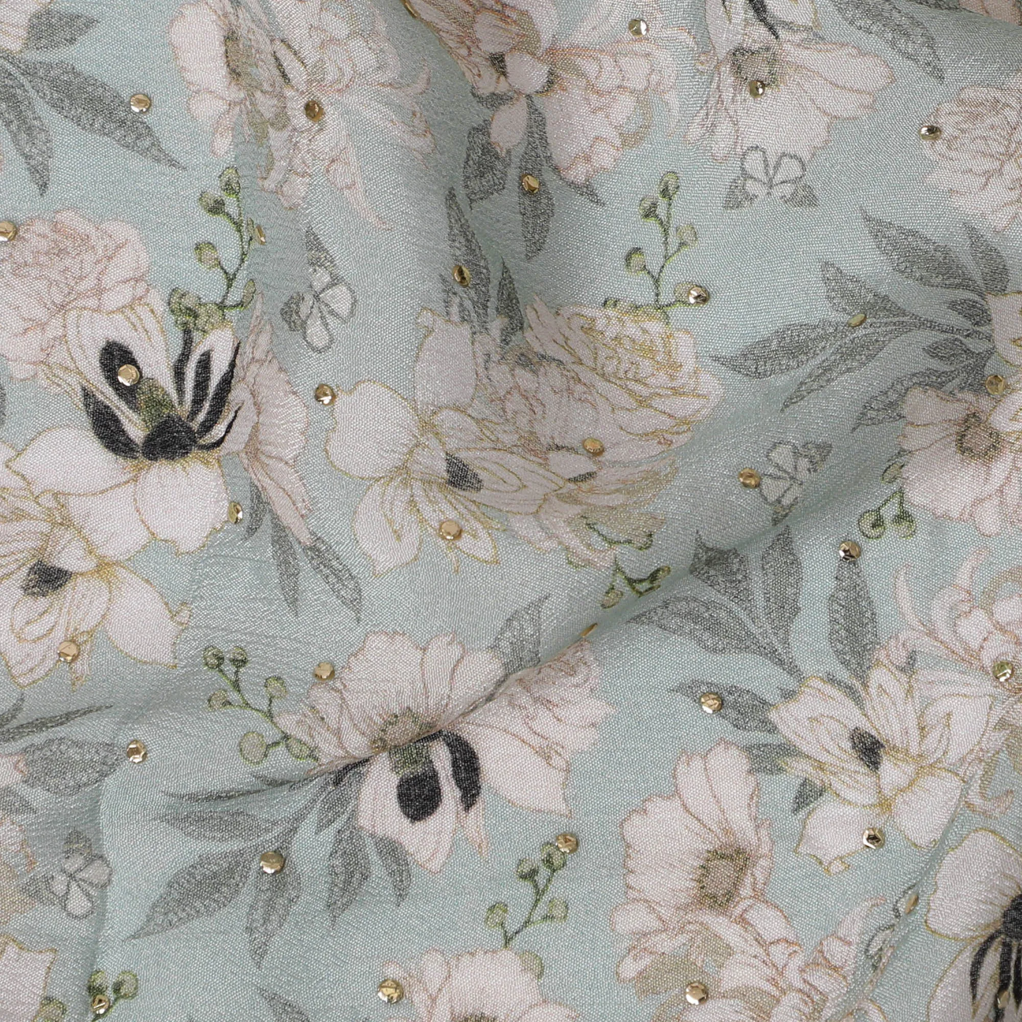 Mint Green and White Floral Synthetic Chinon Fabric with gold foil, 110 cm Width-D19674