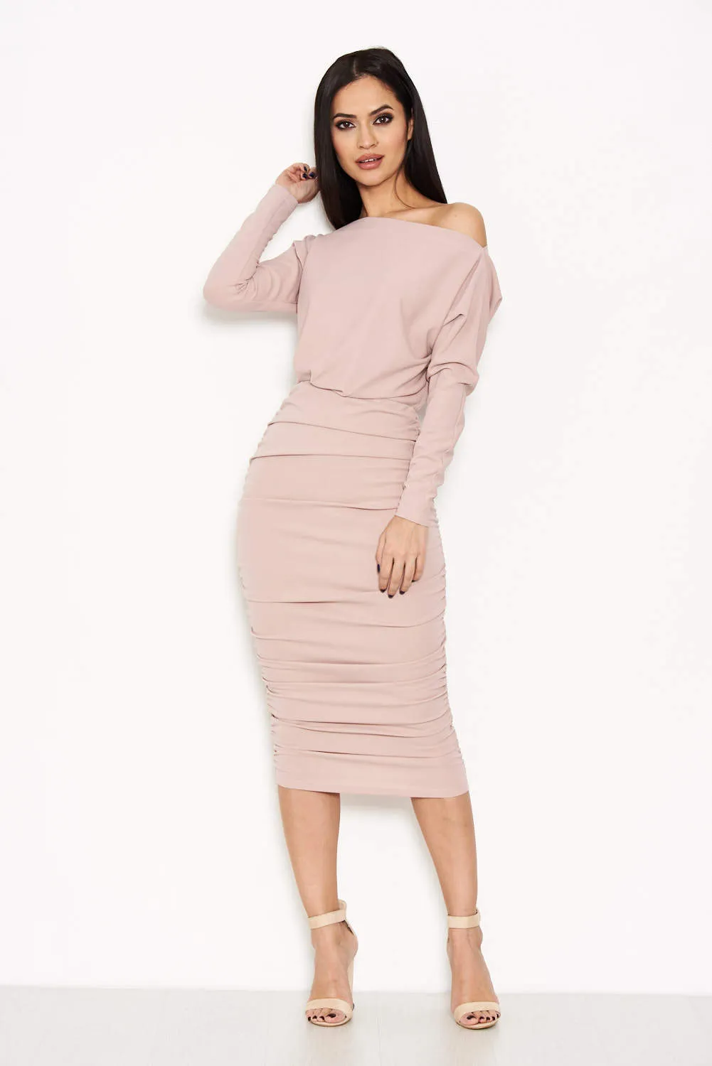 Mushroom Off Shoulder Ruched Dress