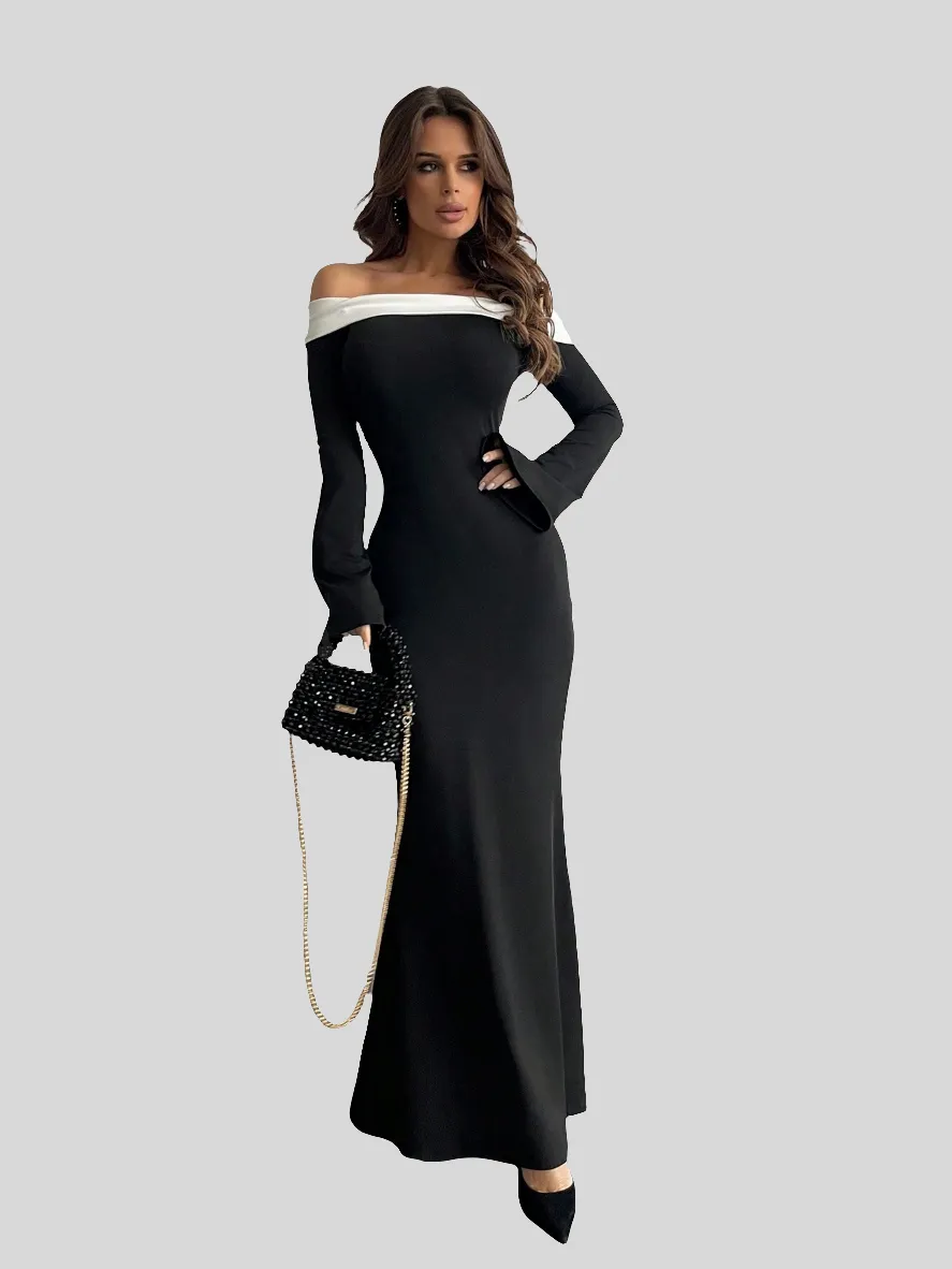 Off Shoulder Bell Sleeve Bodycon Long Black Dress