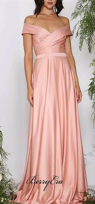 Off Shoulder Peach Elastic Satin Long Bridesmaid Dresses