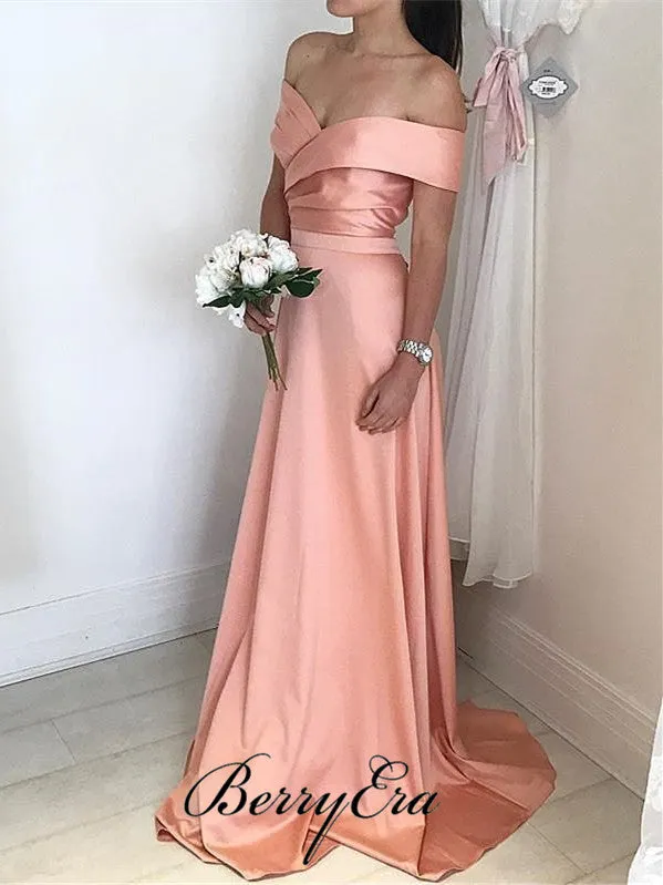 Off Shoulder Peach Elastic Satin Long Bridesmaid Dresses