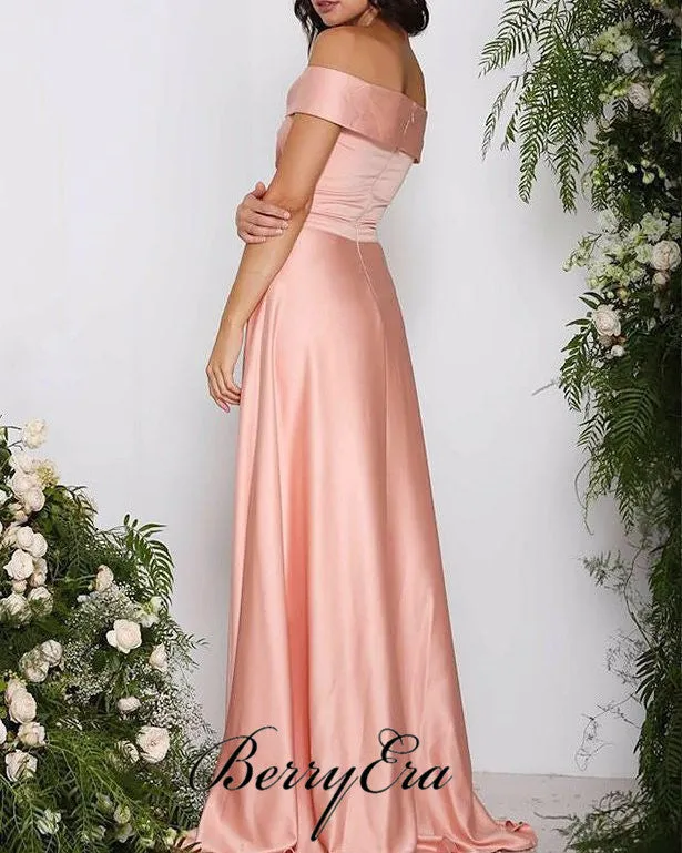 Off Shoulder Peach Elastic Satin Long Bridesmaid Dresses