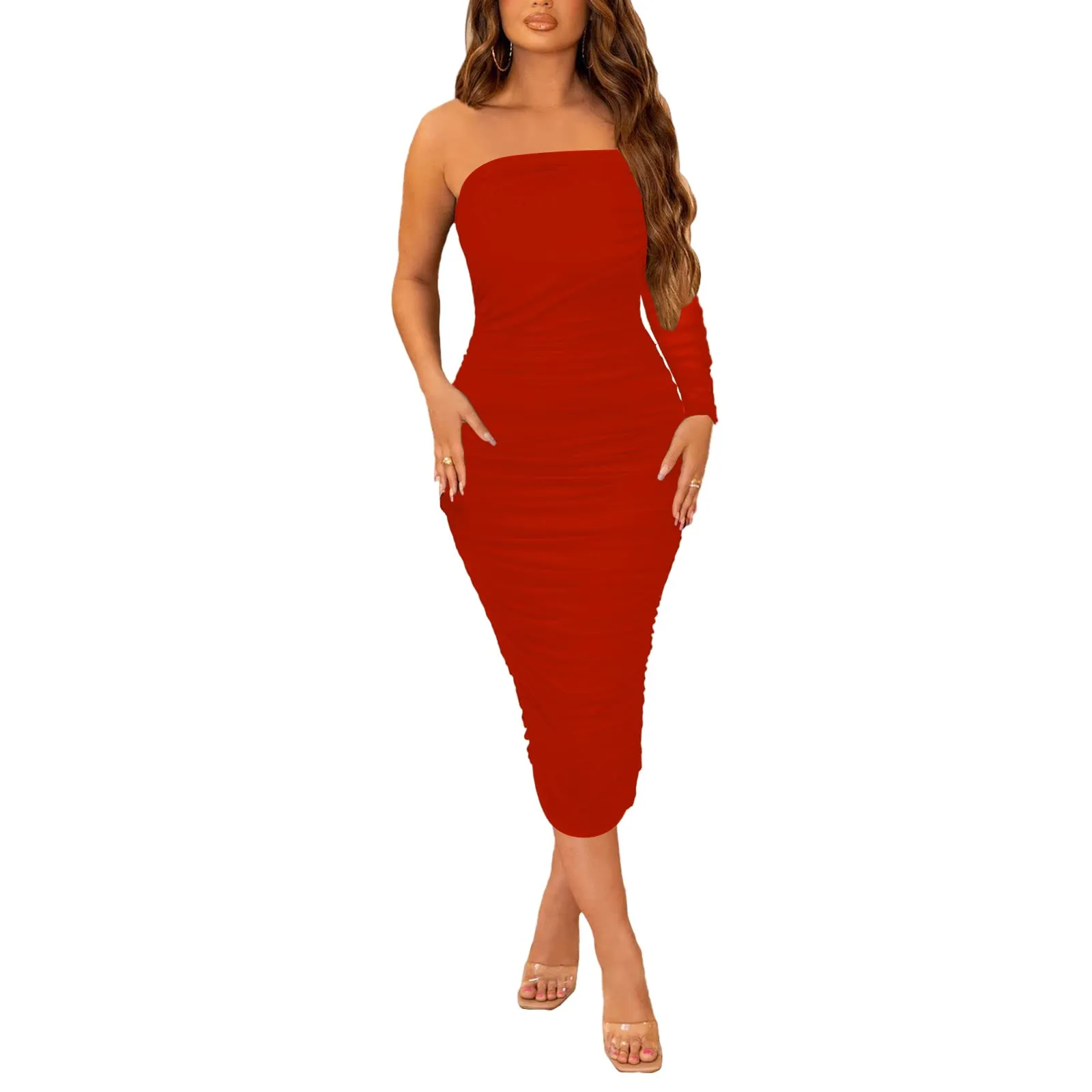 Off Shoulder Solid Color Ruched Midi Dresses