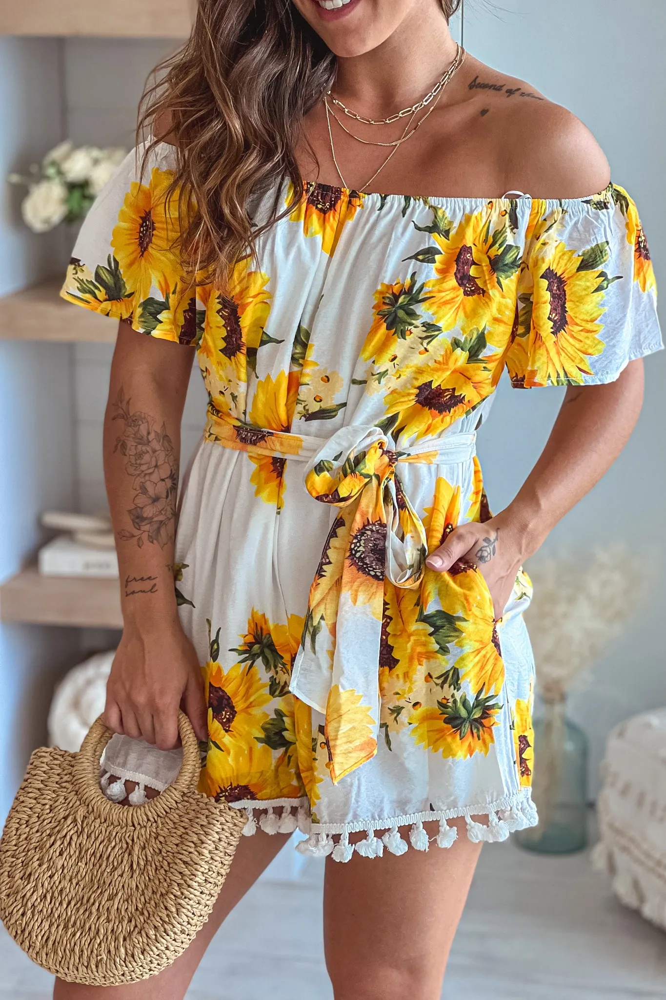 Off White Floral Off Shoulder Romper