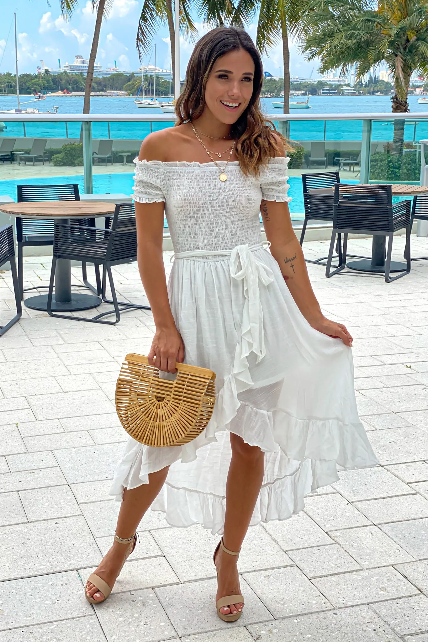 Off White Off Shoulder High Low Dress