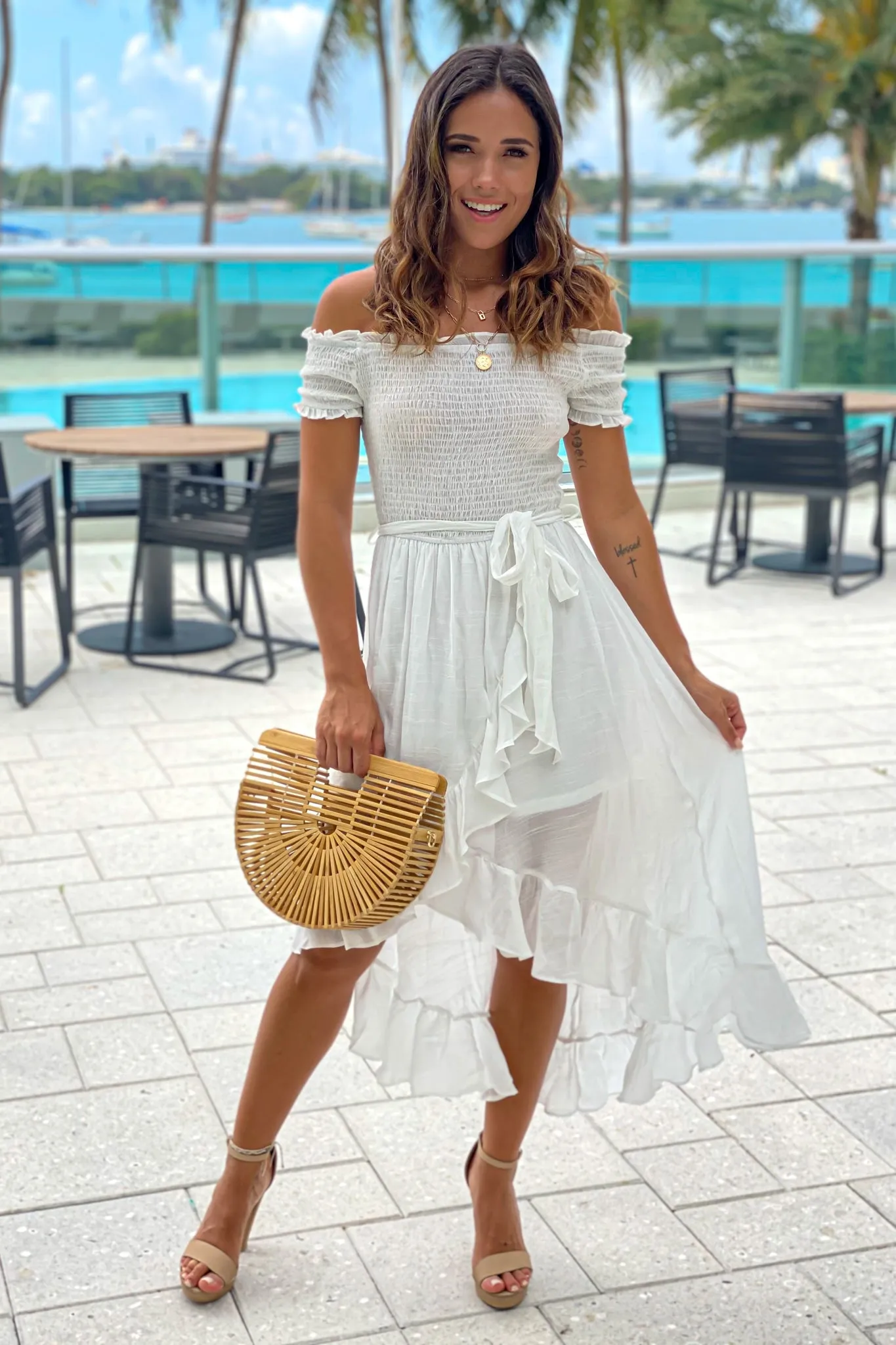 Off White Off Shoulder High Low Dress