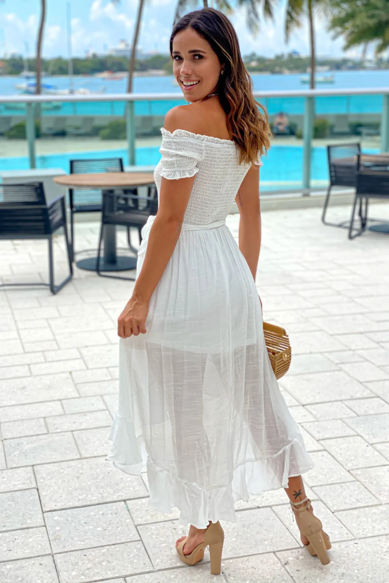 Off White Off Shoulder High Low Dress