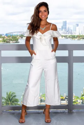 Off White Off Shoulder Ruffle Jumpsuit