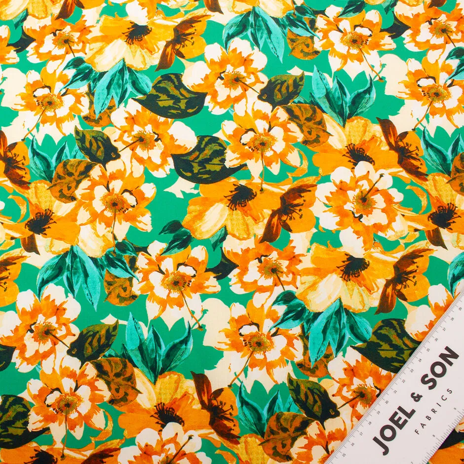 Orange Floral Printed Green Cotton (A 1.95m Piece)