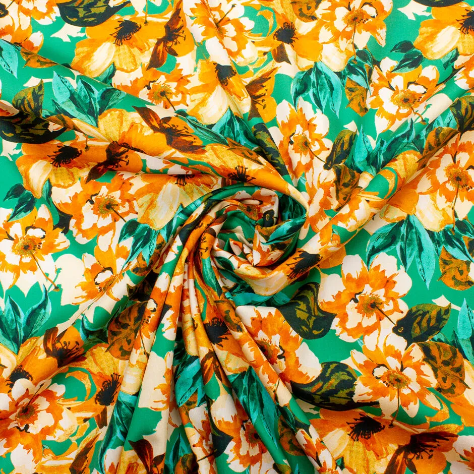 Orange Floral Printed Green Cotton (A 1.95m Piece)