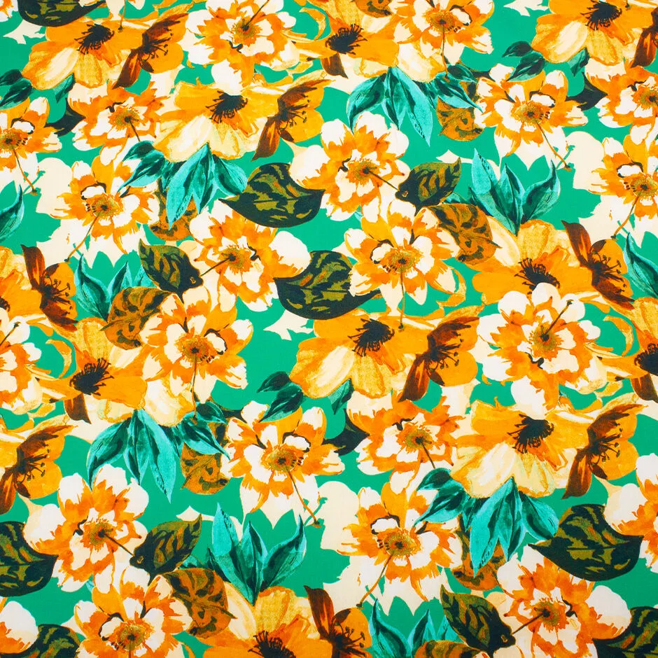 Orange Floral Printed Green Cotton (A 1.95m Piece)