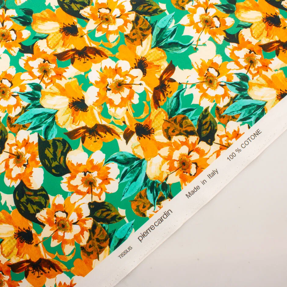 Orange Floral Printed Green Cotton (A 1.95m Piece)