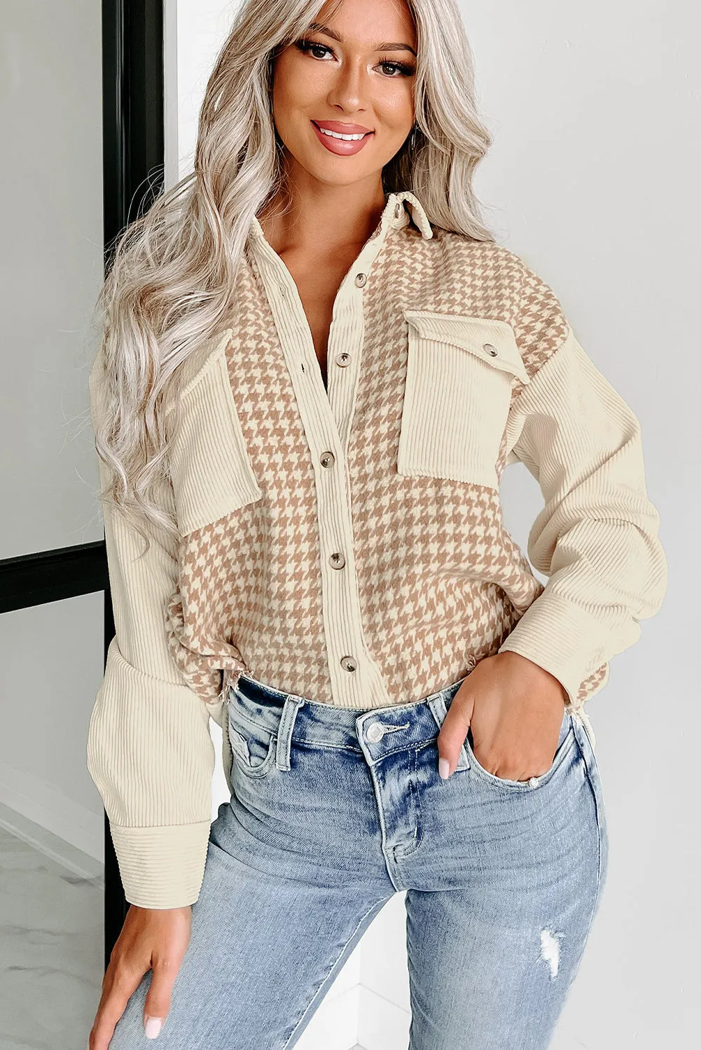 Parchment Houndstooth Corduroy Patchwork Flap Pocket Shacket