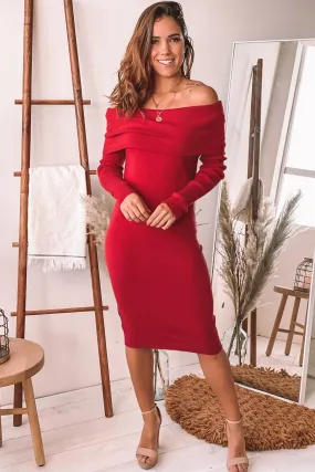 Red Off Shoulder Midi Dress