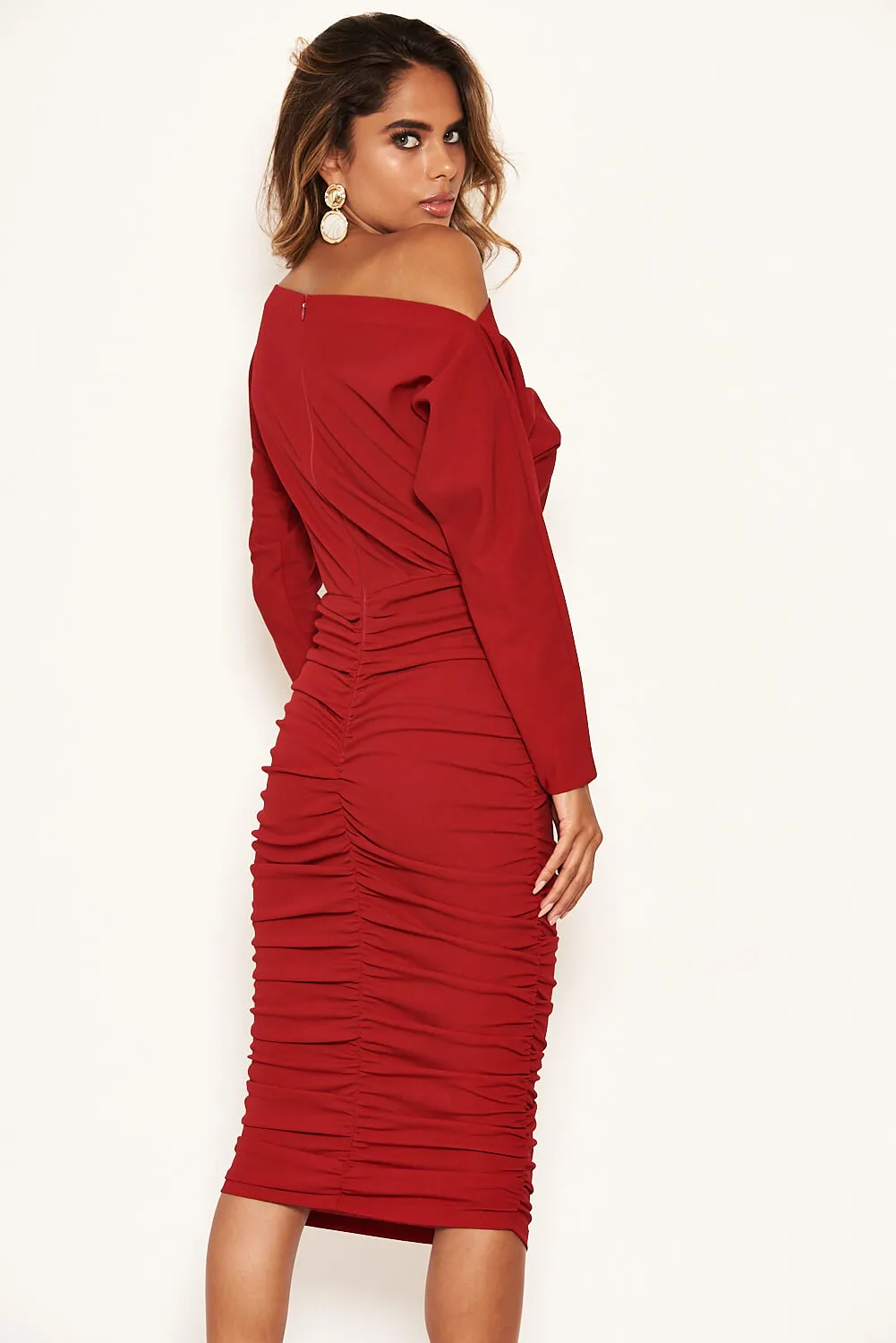 Red Off Shoulder Ruched Dress