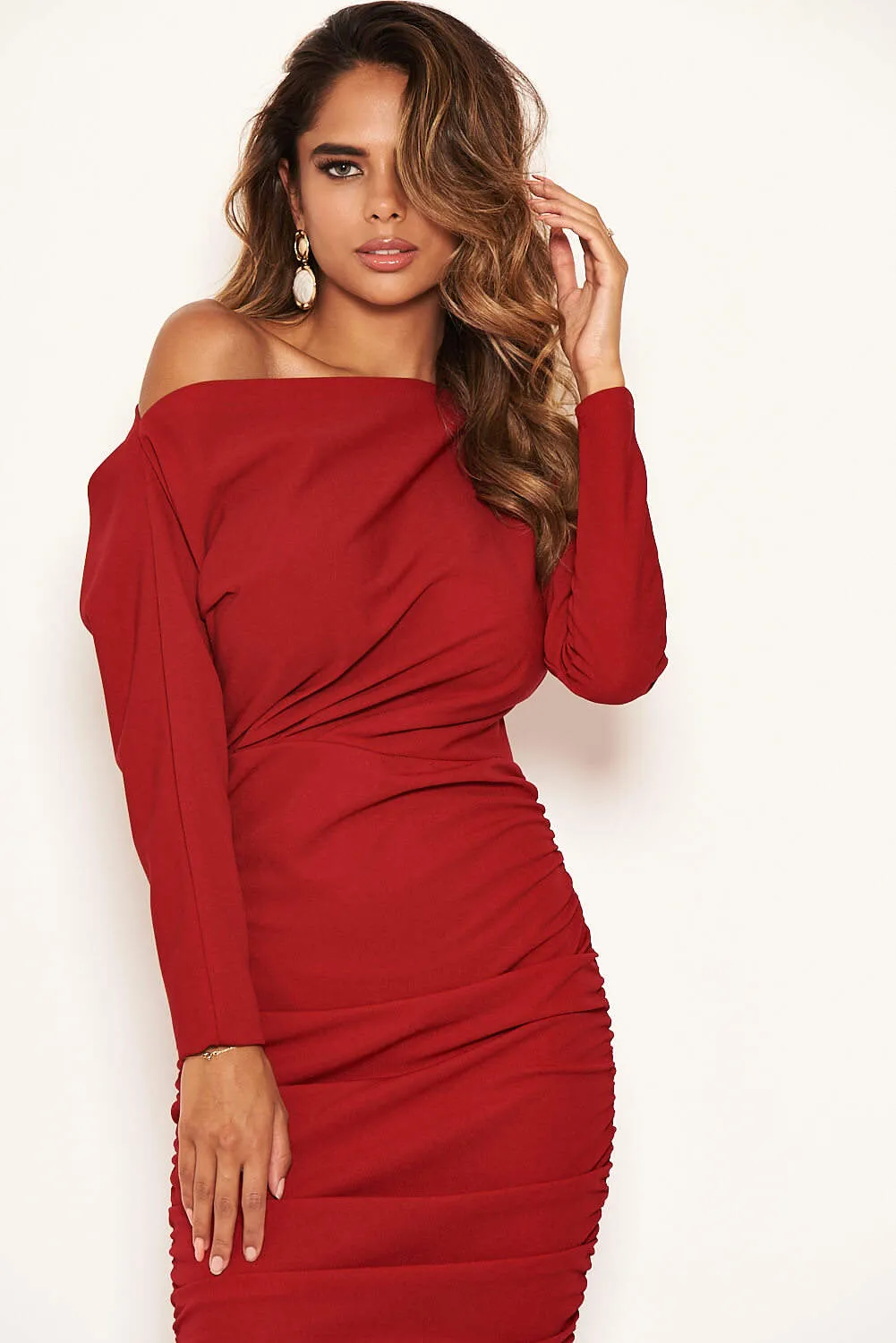 Red Off Shoulder Ruched Dress